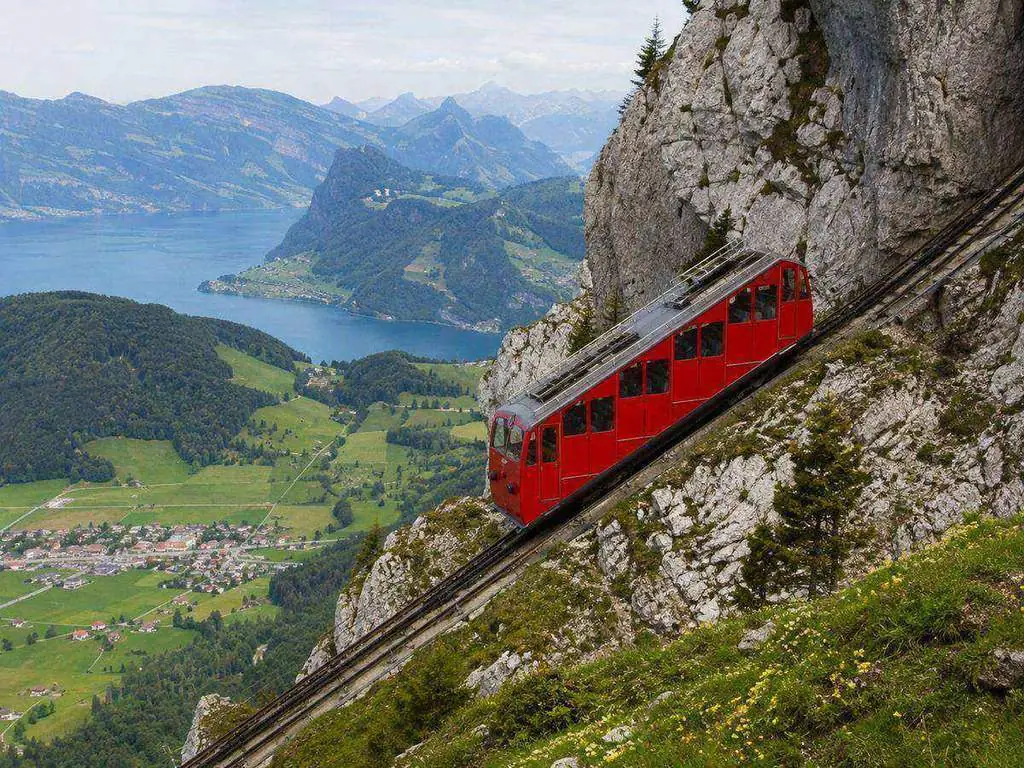 Pilatus cogwheel railway on the 48% gradient above Alpnachstad